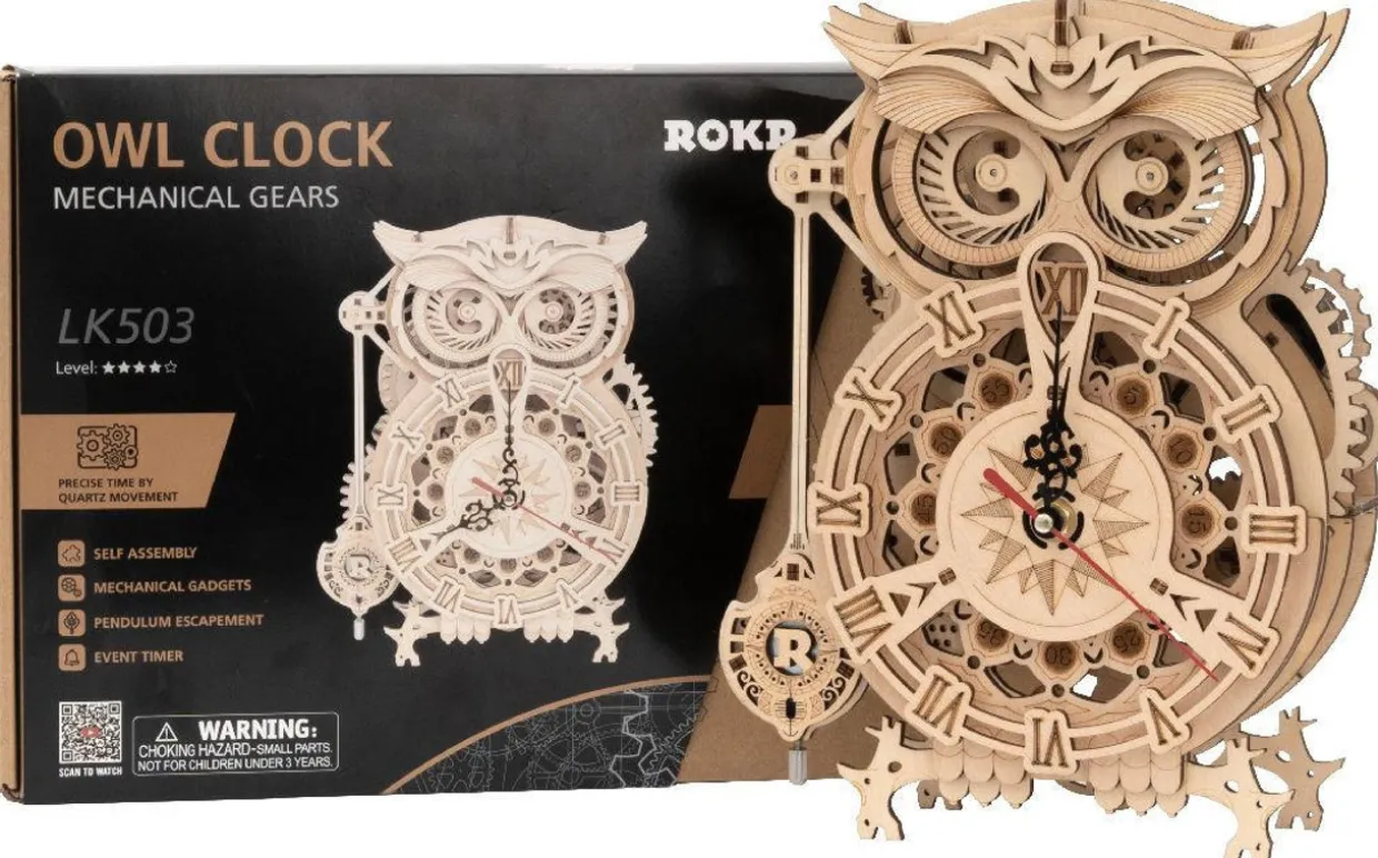 Rokr Owl Clock 3D Wooden Kit