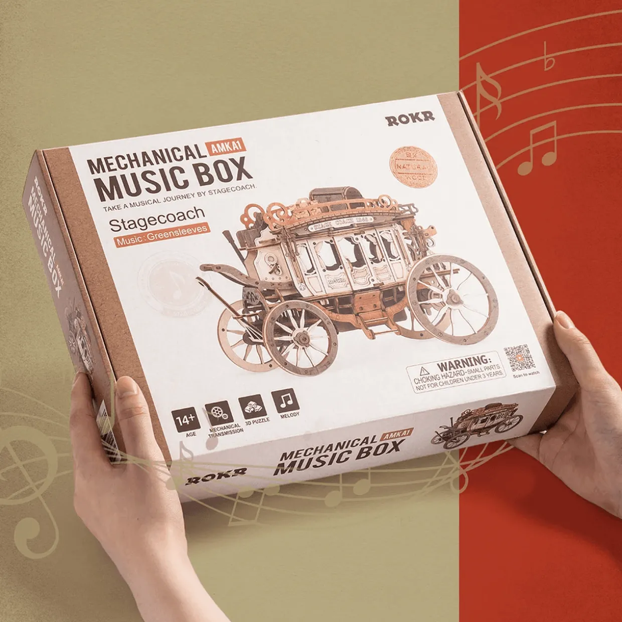 Rokr Stagecoach Mechanical Music Box 3D Wooden Model Kit