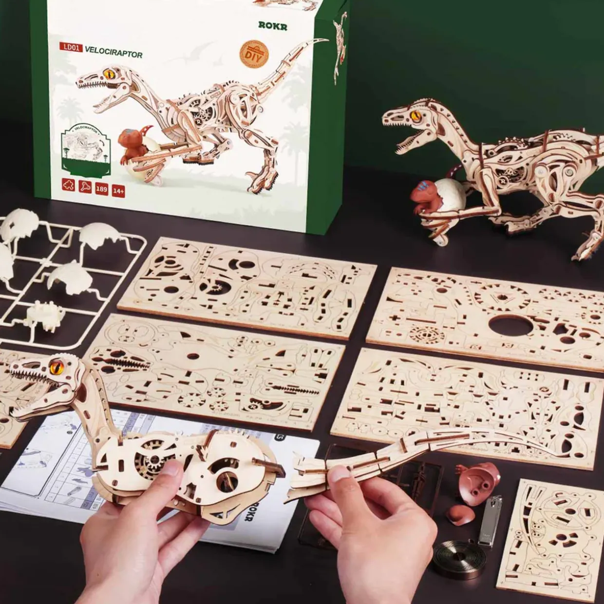 Rokr Velociraptor Mechanical 3D Wooden Kit