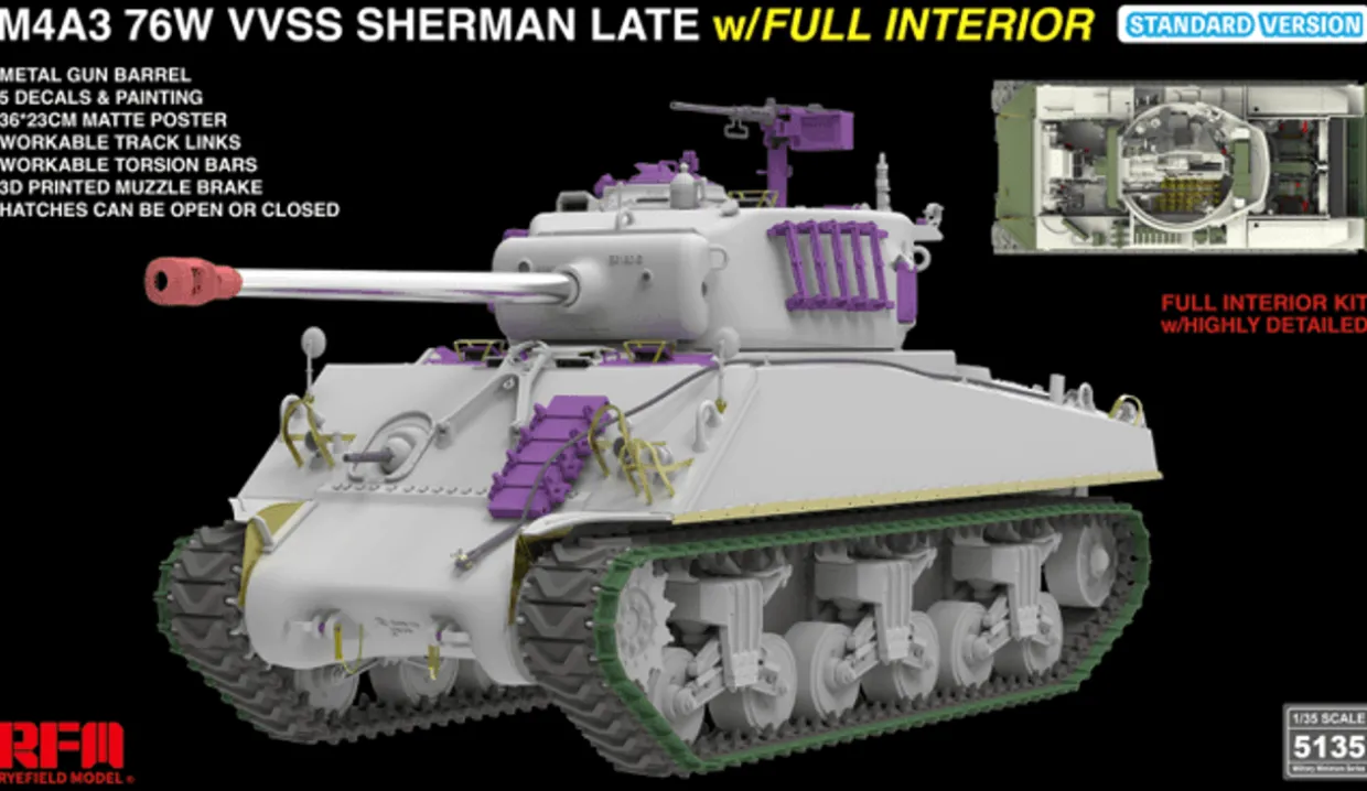 Rye Field Models 1/35 M4A3 Sherman 76W VVSS Late with Interior Standard Kit